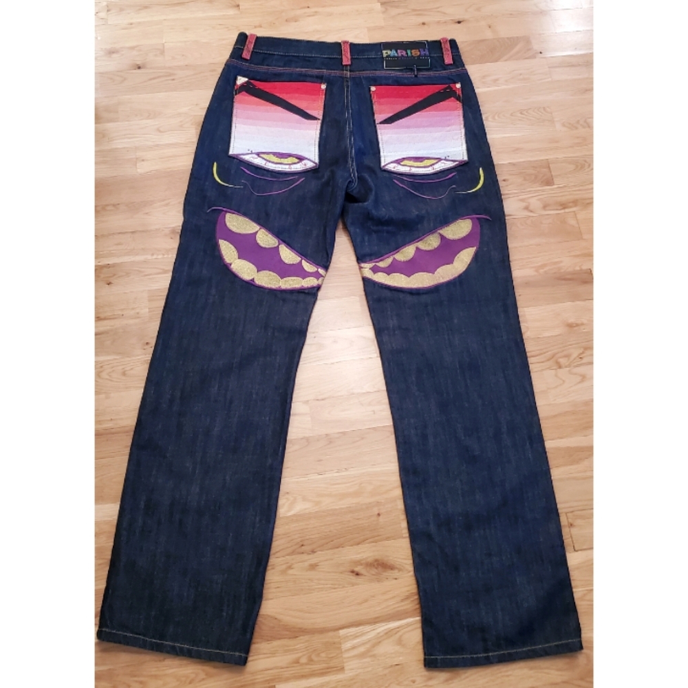 New Parish Embroidered Face Straight Leg Jeans Size 34